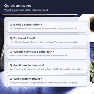 May include: A digital information graphic titled Quick answers with the subtitle What freelancers ask before hitting download. It lists five questions and answers regarding software usage, including topics like subscriptions, Excel, client visibility, deposits, and file delivery.