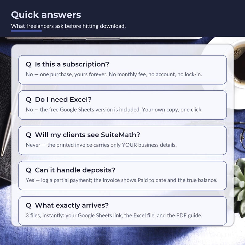 May include: A digital information graphic titled Quick answers with the subtitle What freelancers ask before hitting download. It lists five questions and answers regarding software usage, including topics like subscriptions, Excel, client visibility, deposits, and file delivery.