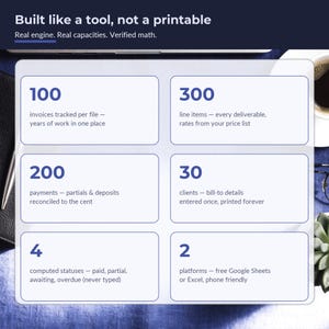 May include: A digital interface graphic with the text Built like a tool, not a printable. Real engine. Real capacities. Verified math. It displays six white rectangular boxes containing numerical data points: 100 invoices, 300 line items, 200 payments, 30 clients, 4 computed statuses, and 2 platforms.