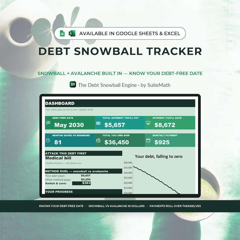 May include: A digital debt snowball tracker spreadsheet interface displayed on a screen. The dashboard features green and white sections showing debt-free dates, interest totals, and payment plans. Text includes Debt Snowball Tracker and The Debt Snowball Engine by SuiteMath.