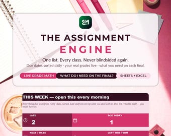 Assignment Tracker Google Sheets Excel | Student Planner Spreadsheet with Grade Calculator GPA Tracker College High School