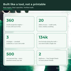May include: A white informational graphic with green text titled Built like a tool, not a printable. It lists features: 360 month projection engine, 20 debts at once, 3 strategies, 134k live formulas, 500 row payment log, and 2 platforms for Google Sheets or Excel.