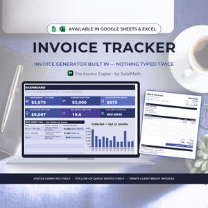 May include: A digital invoice tracker spreadsheet template displayed on a laptop screen, featuring a dashboard with financial metrics, a bar chart, and a sample invoice document. The text reads Invoice Tracker, Invoice Generator Built In, and The Invoice Engine.