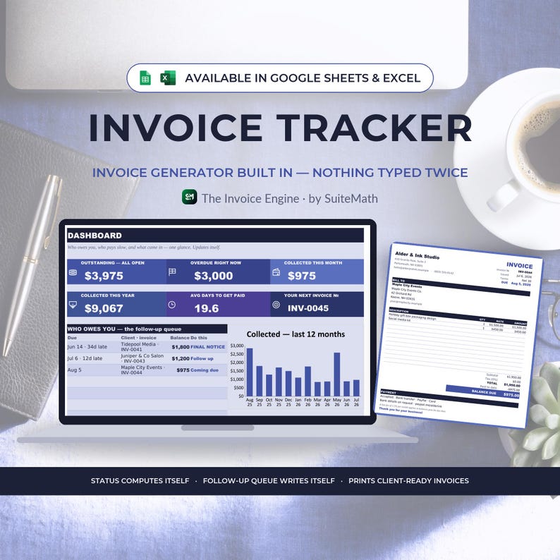 May include: A digital invoice tracker spreadsheet template displayed on a laptop screen, featuring a dashboard with financial metrics, a bar chart, and a sample invoice document. The text reads Invoice Tracker, Invoice Generator Built In, and The Invoice Engine.