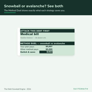 May include: A digital infographic titled Snowball or avalanche? See both. It features a Method Duel comparison box showing Medical bill, smallest balance, and a switch and save amount of $363. The text includes The Debt Snowball Engine 2026 and SUITEMATH.