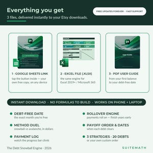 May include: A digital debt management tool titled The Debt Snowball Engine, featuring three files: a Google Sheets link, an Excel file, and a PDF user guide. The interface displays debt payoff strategies, payment logs, and debt-free date calculators.
