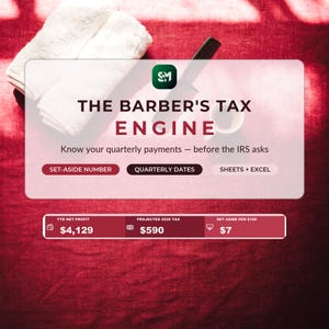 Tax Prep Spreadsheet 2026 | Quarterly Tax Calculator Mileage Tracker for Barbers Chair Rental | Barber Bookkeeping Google Sheets Excel