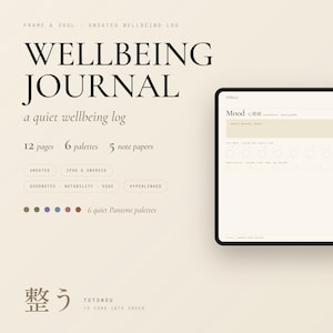 May include: A digital wellbeing journal displayed on a tablet screen featuring a mood tracking page with a beige colour scheme. The interface includes text labels such as Wellbeing Journal, a quiet wellbeing log, 12 pages, 6 palettes, and 5 note papers.