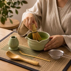 May include: A light green ceramic matcha bowl with a spout, a bamboo whisk, a light green ceramic whisk holder, a wooden scoop, a thin bamboo tea spoon, and a small stainless steel mesh strainer for preparing green tea in a set.