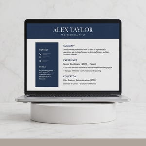 May include: A laptop screen displaying a professional resume template for Alex Taylor. The document features a dark blue header, a sidebar with contact and skills sections, and main body text for summary, experience, and education details.