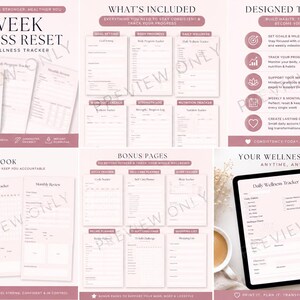 Peut inclure: Un ensemble de planificateur numérique 12-week wellness reset fitness and wellness tracker comprenant plusieurs pages pour le suivi des objectifs, les progrès corporels, le bien-être quotidien, les habitudes, la nutrition et les soins personnels.