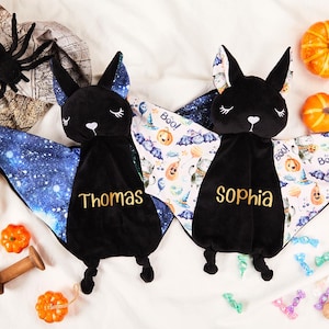 Manta de apego personalizada para bebé con diseño de murciélago, manta de seguridad infantil de Halloween con nombre personalizado, regalo para recién nacidos con diseño de calabaza y fantasma.