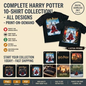 May include: A digital collection of 10 Harry Potter themed t-shirt designs featuring various graphic prints of the castle and characters in red cloaks. The set includes high-resolution PNG, AI, and PDF files for print-on-demand applications.