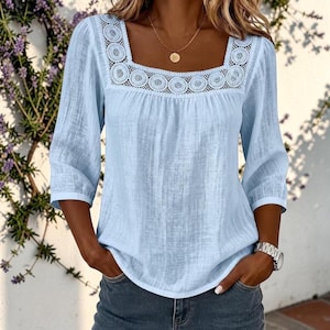 Top estilo boho para mujer, cuello cuadrado, manga tres cuartos, blusa ligera e informal.