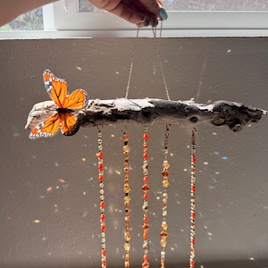 orange butterfly crystal suncatcher - decorative driftwood hanging