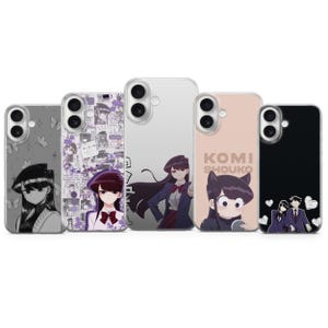May include: Five smartphone cases featuring anime-style character illustrations. Designs include a grey butterfly pattern, a purple collage, a clear case with a character, a peach case with the text Komi Shouko, and a black case with two characters.