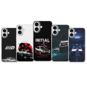 May include: Five smartphone cases featuring Initial D graphics. Designs include a black case with white text, a white case with a red circle and car, a black case with a car and mountain, a dark case with a car in motion, and a blue-toned tunnel scene.