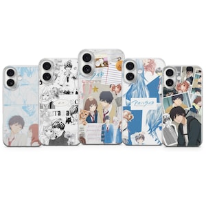 May include: Five clear smartphone cases featuring various anime-style character illustrations and collage designs. The cases display scenes with young characters, text elements, and decorative motifs like stars and lined paper patterns in blue and white.