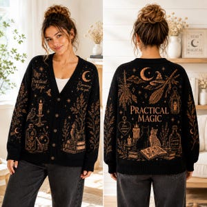 May include: A black button-down cardigan featuring copper-colored graphic prints of celestial elements, cats, books, candles, and botanical motifs. The front displays the text "Practical Magic" and "Rosemary by the gate," while the back says "Practical Magic."