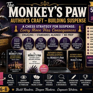 Può includere: Una risorsa didattica digitale intitolata The Monkey's Paw Author's Craft Building Suspense per le classi 6-8. Presenta un design scuro con pezzi degli scacchi, una mano artigliata e testo che descrive un'unità di 5 giorni e attività.