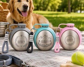 Personalized Pet Water Bottle, Portable Dog Travel Water Dispenser, Stainless Steel Collapsible Bowl, Custom Engraved Dog Gift