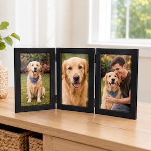 Può includere: Una cornice portafoto nera a tre pannelli incernierati che mostra tre fotografie separate di un cane golden retriever, inclusa un'immagine che ritrae una persona che abbraccia il cane. La cornice ha un design semplice a bordo rettangolare.