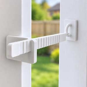 May include: A white plastic sliding door or window security lock featuring a rectangular base plate with a notched, adjustable locking bar that connects to a smaller square mounting bracket, designed to restrict the opening width of the door.