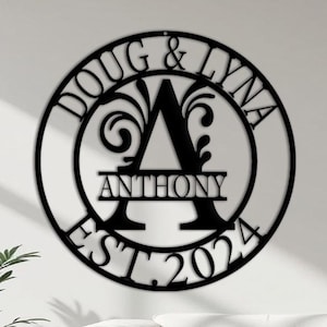 Letrero metálico personalizado para bodas, decoración de pared con monograma de apellido personalizado, colgador con escudo familiar de letras divididas, regalo de boda con fecha de fundación