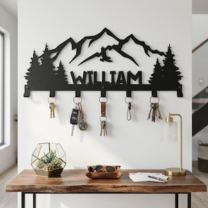 Personalized Mountain Range Key Holder, Custom Forest Tree Metal Hook Rack, Cabin Entryway Coat Wall Mount, Adventure Lover Housewarming