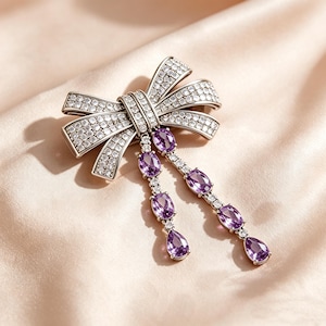 Pave Crystal Bow Tassel Brooch, Oval Teardrop Ruby Amethyst Dangle Silver Lapel Pin