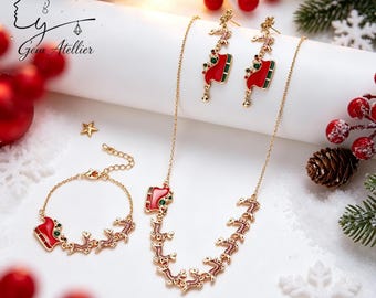 Christmas Reindeer Sleigh Jewelry Set, Enamel Necklace Bracelet Earrings, Festive Holiday Gift for Her