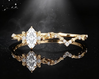 Vintage Marquise Cut CZ Bridal Ring Set, 14K Gold Art Nouveau Engagement Ring, Floral Stacking Wedding Band
