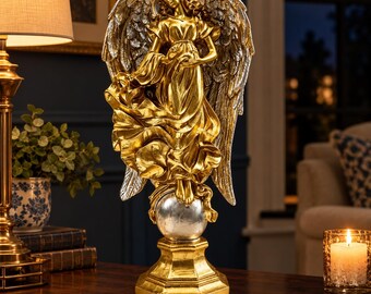 Resin Angel Statue with Feathered Wings, 11 Inch Sculpture in Gold, Ivory or Blue