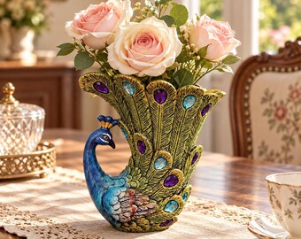 May include: A peacock-shaped vase featuring a blue head and neck with a textured, golden fan-shaped tail adorned with embedded purple and light blue faux gemstones, currently holding a bouquet of three light pink roses and green foliage.