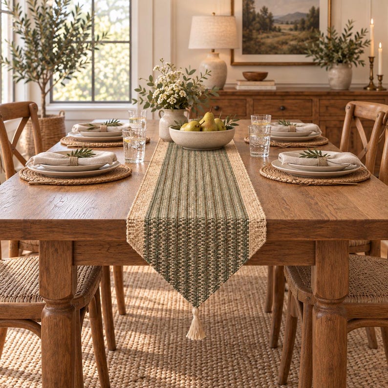 May include: A rectangular woven table runner featuring a central olive green striped pattern bordered by natural tan fibers, finished with a single tassel at the pointed end, displayed on a wooden dining table with place settings and a bowl of pears.
