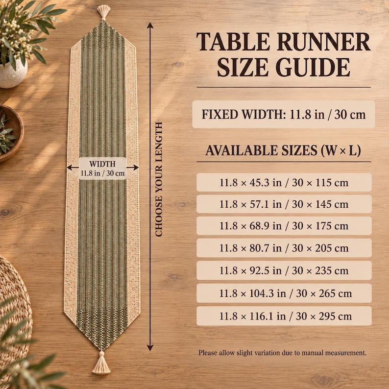May include: A table runner with a green and beige woven pattern, featuring pointed ends with tassels. The text reads TABLE RUNNER SIZE GUIDE, FIXED WIDTH: 11.8 in, and lists available lengths from 45.3 in to 116.1 in with a width of 11.8 in.