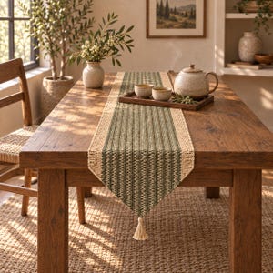 May include: A rectangular table runner featuring a woven texture with alternating vertical stripes of sage green and natural beige, finished with a single cream-colored tassel at the pointed end, displayed on a wooden table with a tea set.