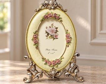 4x6 Oval Rose Picture Frame, Resin Tabletop Display with Floral Relief, Antique Gold Accents