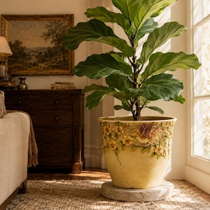 Vintage Bird Relief Ceramic Planter with Drainage Hole and Saucer, Floral Indoor Flower Pot