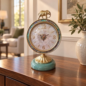May include: A round table clock featuring a white stone face with gold numerals, surrounded by a border of iridescent abalone shell. A gold elephant figurine sits atop the frame, which is supported by a fluted gold pedestal and a smooth green base.
