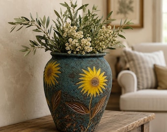 May include: A textured, dark teal ceramic vase featuring embossed yellow sunflower designs with brown leaves. The vase is filled with a bouquet of green olive branches and small white flowers, creating a decorative floral arrangement.