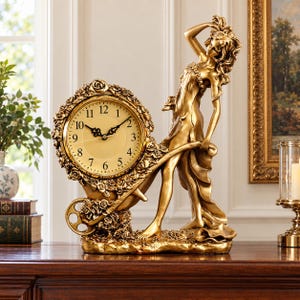 Könnte beinhalten: Eine goldfarbene Tischuhr mit einer stehenden Figur, die eine mit skulptierten Rosen verzierte Schubkarre schiebt. Das Zifferblatt ist rund mit schwarzen Ziffern und Zeigern und von einem Rosenrahmen umgeben. Das gesamte Stück ist in Gold gehalten.