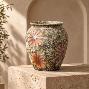 Könnte beinhalten: Eine bauchige Keramikvase mit einer texturierten, gesprenkelten Oberfläche in Grün und Braun. Das Äußere ist mit drei erhabenen, hellorangen Blumenmotiven verziert, deren Blütenblätter in einem radialen Muster angeordnet sind.