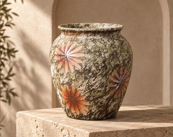 May include: A rounded ceramic vase featuring a textured, mottled green and brown surface finish. The exterior is decorated with three embossed, light orange flower motifs with defined petals arranged in a radial pattern around the body.