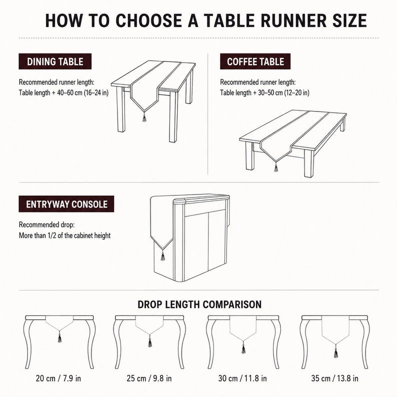 May include: An informational chart titled HOW TO CHOOSE A TABLE RUNNER SIZE. It displays line drawings of a dining table, coffee table, and entryway console with text instructions for runner length and drop, plus a drop length comparison guide.