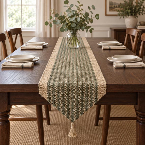 Green Woven Table Runner, Rustic Jute Look Tassel Runner, Boho Farmhouse Dining Table Decor, Nordic Dresser Scarf, Tea Table Decor