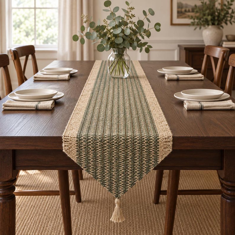 May include: A rectangular woven table runner featuring a central dark green and tan striped pattern with natural tan borders. The runner has a textured finish and a single decorative tassel hanging from the pointed end, centered on a dark wood table.