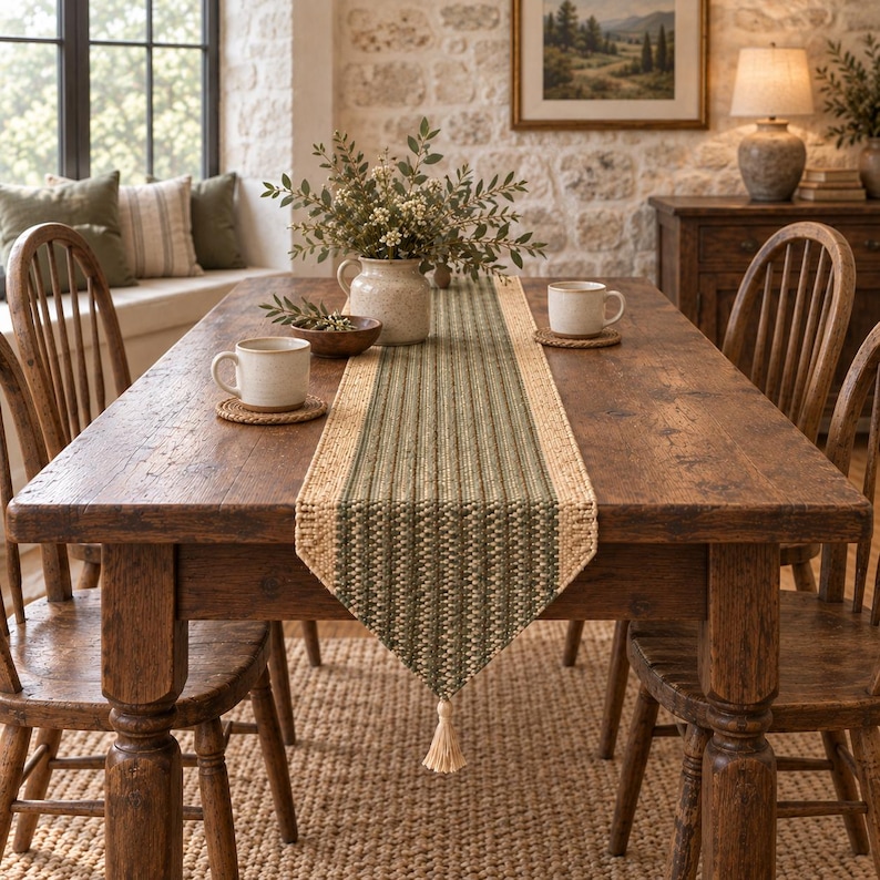 May include: A rectangular table runner featuring a woven green and beige textured pattern with a central olive green stripe, finished with a small beige tassel at the pointed end, displayed on a dark brown wooden dining table with two mugs.