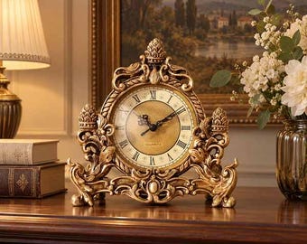 Ornate Resin Mantel Clock, Antique Bronze Finish, Roman Numeral Dial, Vintage Style Home Decor