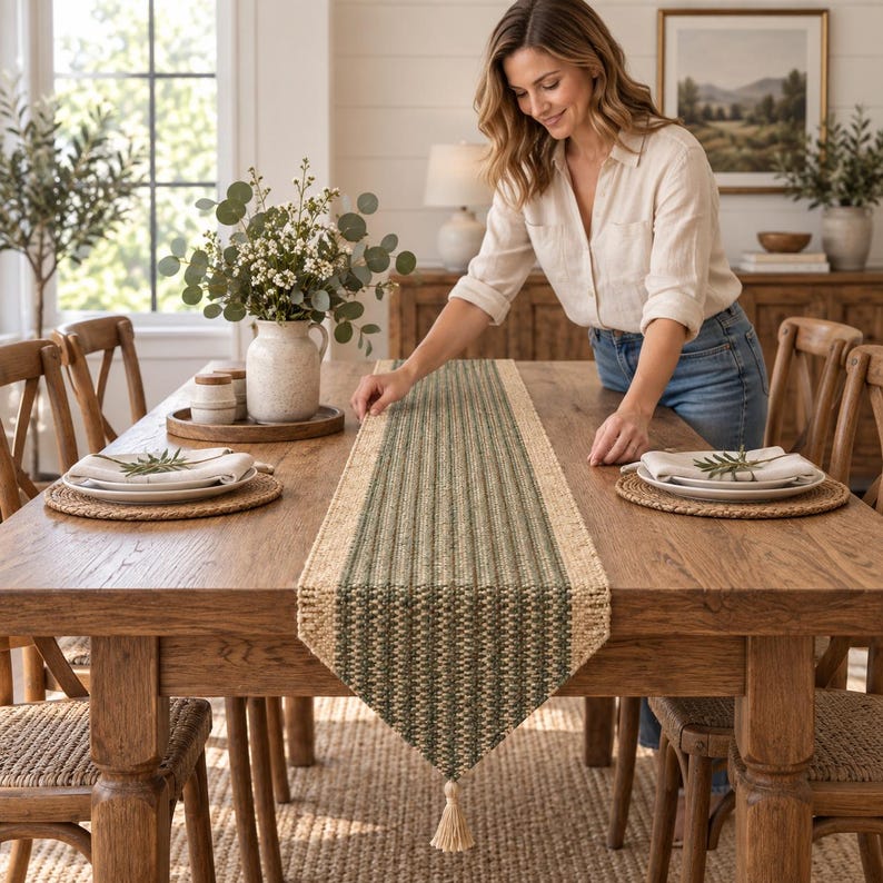 May include: A rectangular table runner featuring a woven texture with a central dark green stripe flanked by natural tan borders. The runner is finished with a single decorative tassel at the pointed end, showcasing a detailed, textured weave pattern.